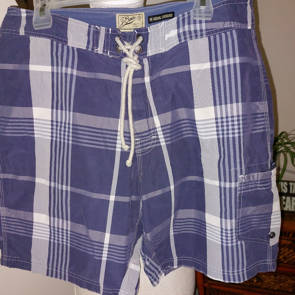 J. CREW Men's The Original Longboard Swim Trunks Size 33 Blue Plaid Swim Shorts